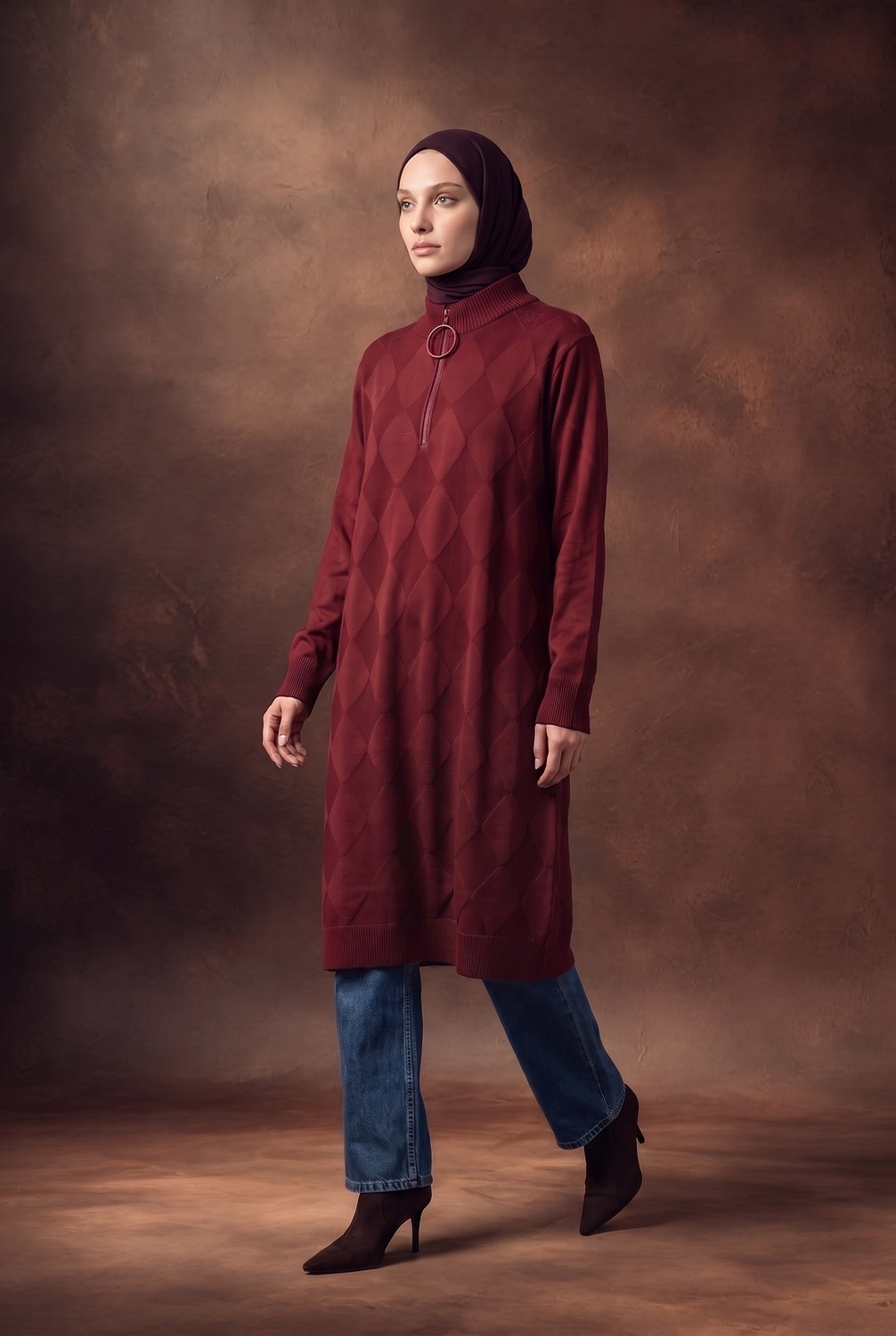Armine Trend Baklava Desenli Fermuar Yaka Uzun Triko Tunik Bordo 25KTD4112 görsel 3