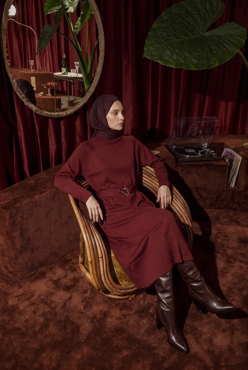 Armine Trend Kemer Detaylı Balıkçı Yaka Uzun Kollu Ribanalı Triko Elbise Bordo 26KTD911