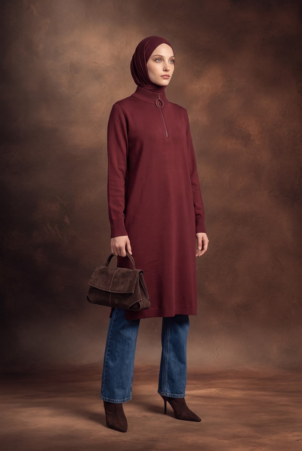 Armine Fermuar Detaylı Dik Yaka Uzun Kollu Modern Şık ve Günlük Tunik Bordo 25KTD4113