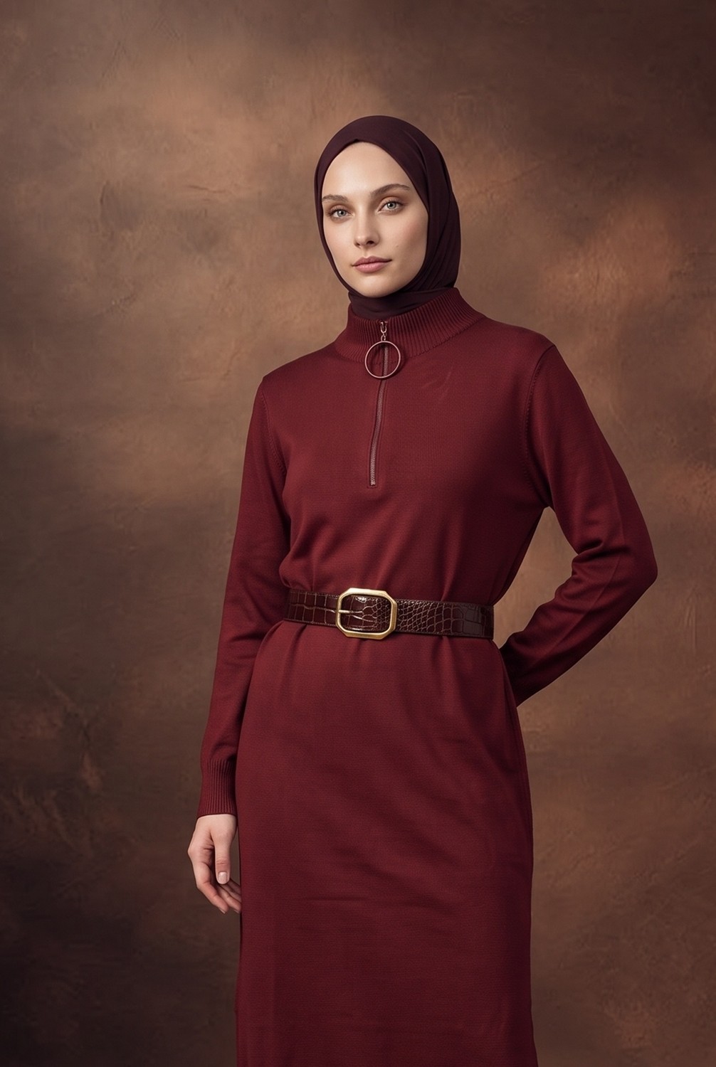 Armine Fermuar Detaylı Dik Yaka Uzun Kollu Modern Şık ve Günlük Tunik Bordo 25KTD4113 görsel 2