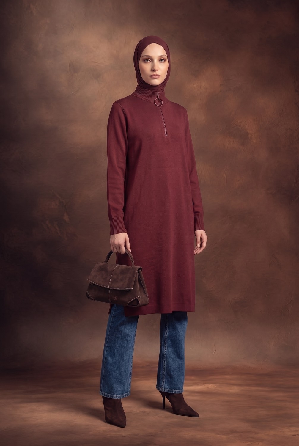 Armine Fermuar Detaylı Dik Yaka Uzun Kollu Modern Şık ve Günlük Tunik Bordo 25KTD4113 görsel 3
