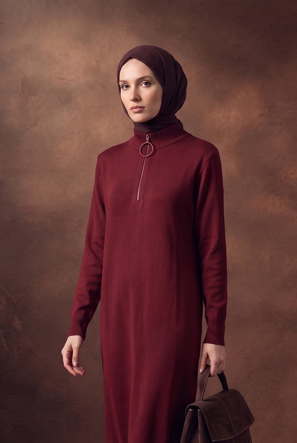 Armine Fermuar Detaylı Dik Yaka Uzun Kollu Modern Şık ve Günlük Tunik Bordo 25KTD4113 görsel 4