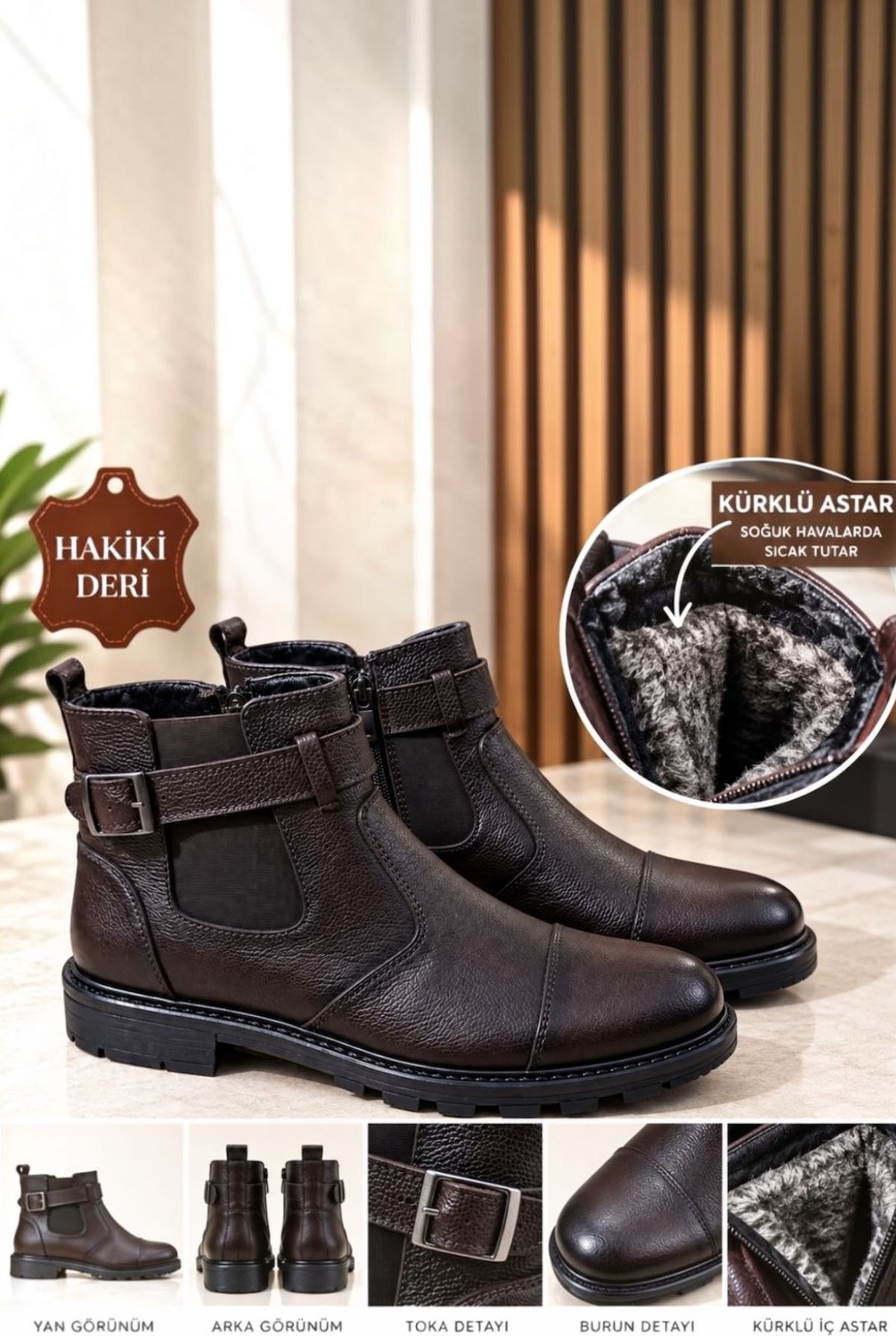 Zueofficial Hakiki Deri Erkek Kışlık Bot Kahverengi Kürklü Astarlı Fermuarlı Tokalı Günlük Bot