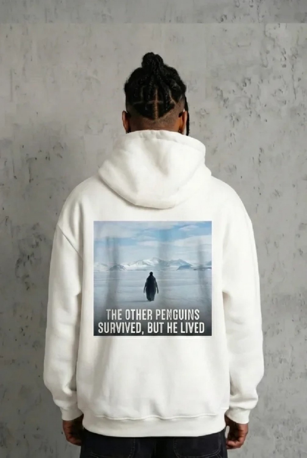 Pileli Store Siyah Oversize Hoodie - Sırt Baskılı Survivor Penguin Temalı, Felsefi Yazılı Kapüşonlu Sweatshirt - Beyaz