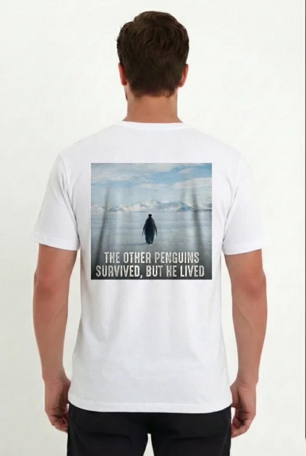 Pileli Store Erkek Oversize Tişört - Sırt Baskılı Survivor Penguin Temalı, Felsefi Yazılı Bisiklet Yaka Tişört - Beyaz