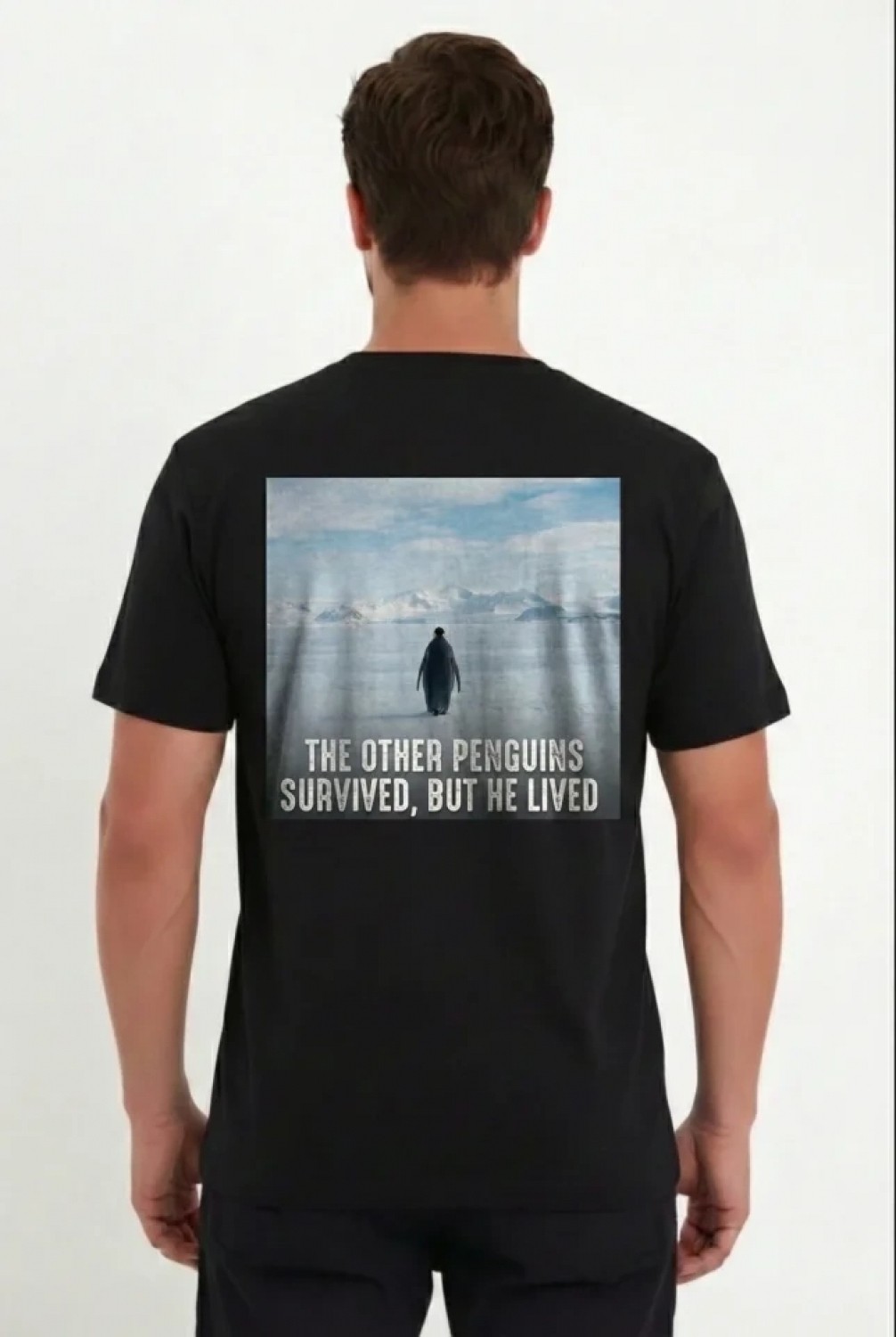 Pileli Store Erkek Oversize Tişört - Sırt Baskılı Survivor Penguin Temalı, Felsefi Yazılı Bisiklet Yaka Tişört - Siyah görsel 2