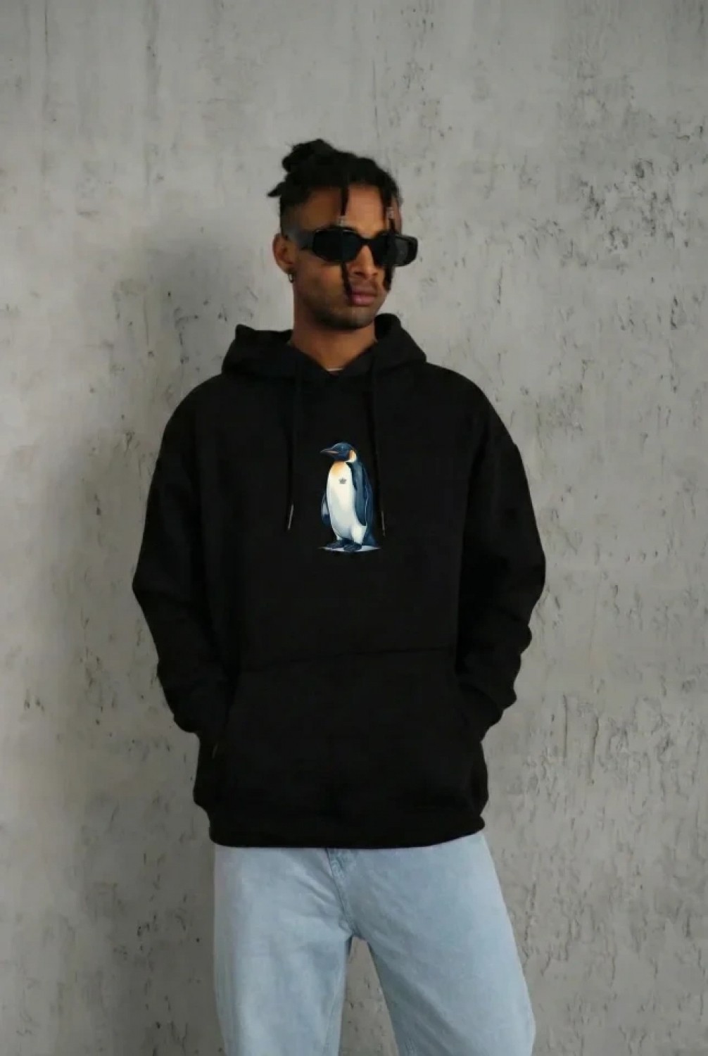 Pileli Store Siyah Oversize Hoodie - Sırt Baskılı Survivor Penguin Temalı, Felsefi Yazılı Kapüşonlu Sweatshirt - Siyah