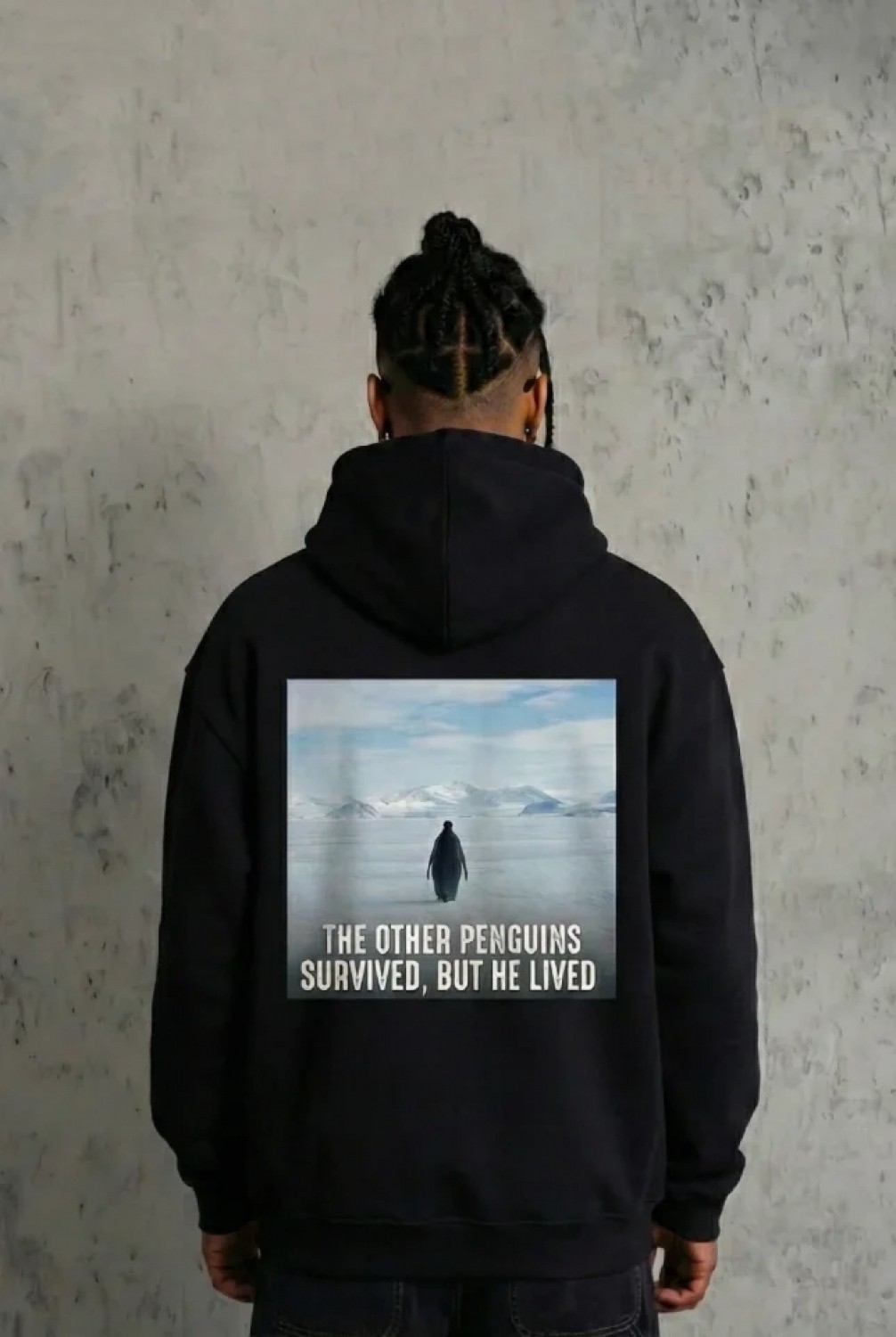 Pileli Store Siyah Oversize Hoodie - Sırt Baskılı Survivor Penguin Temalı, Felsefi Yazılı Kapüşonlu Sweatshirt - Siyah görsel 2
