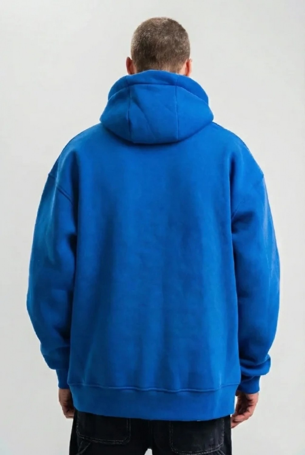 Pileli Store Erkek Saks Mavi Double Oversize 3 Iplik Pamuklu Kapüşonlu Kanguru Cepli Sweatshirt Hoodie - Saks Mavi görsel 2