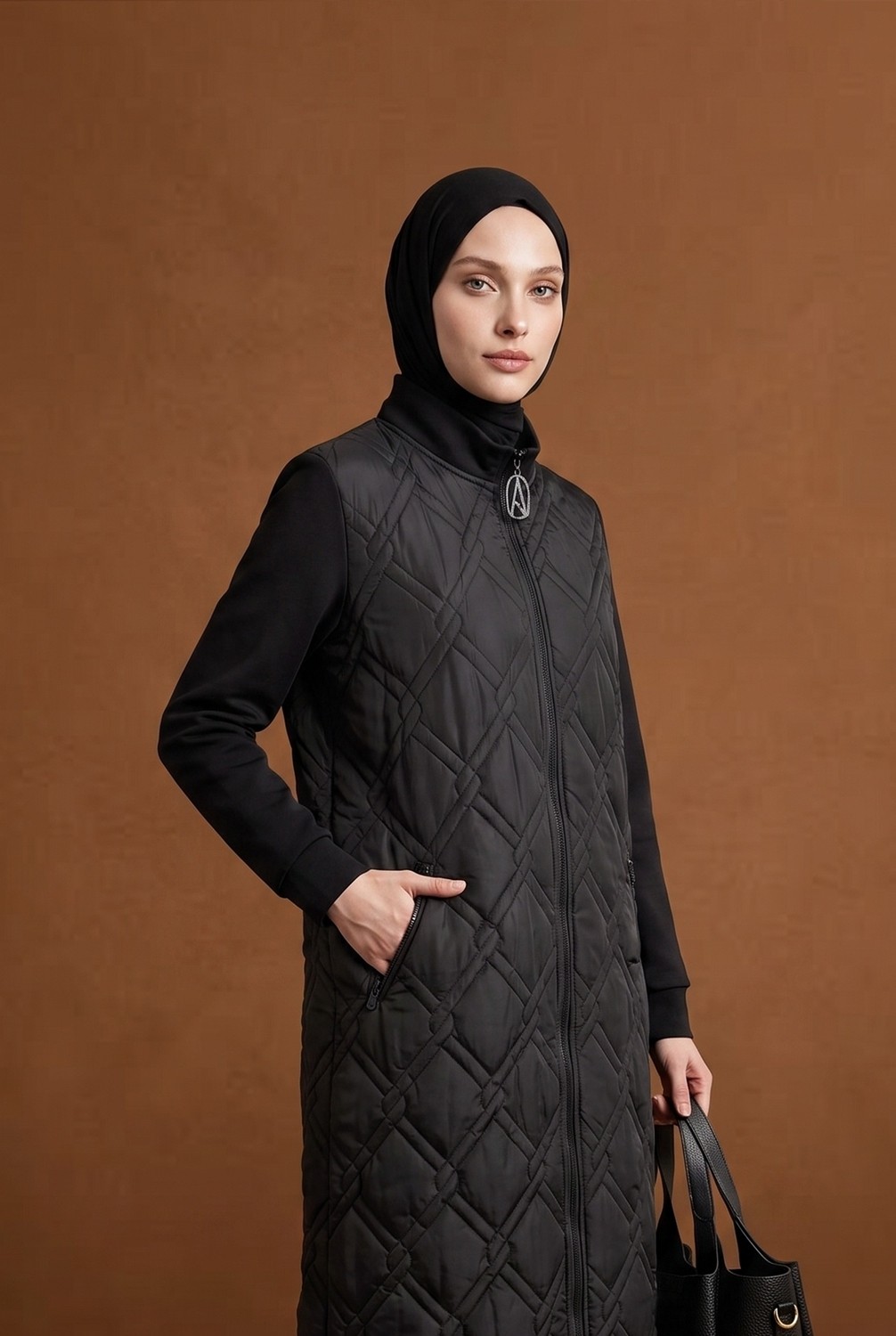 Armine Trend Kolları Krep Kumaş Kapitone Mont görsel 3