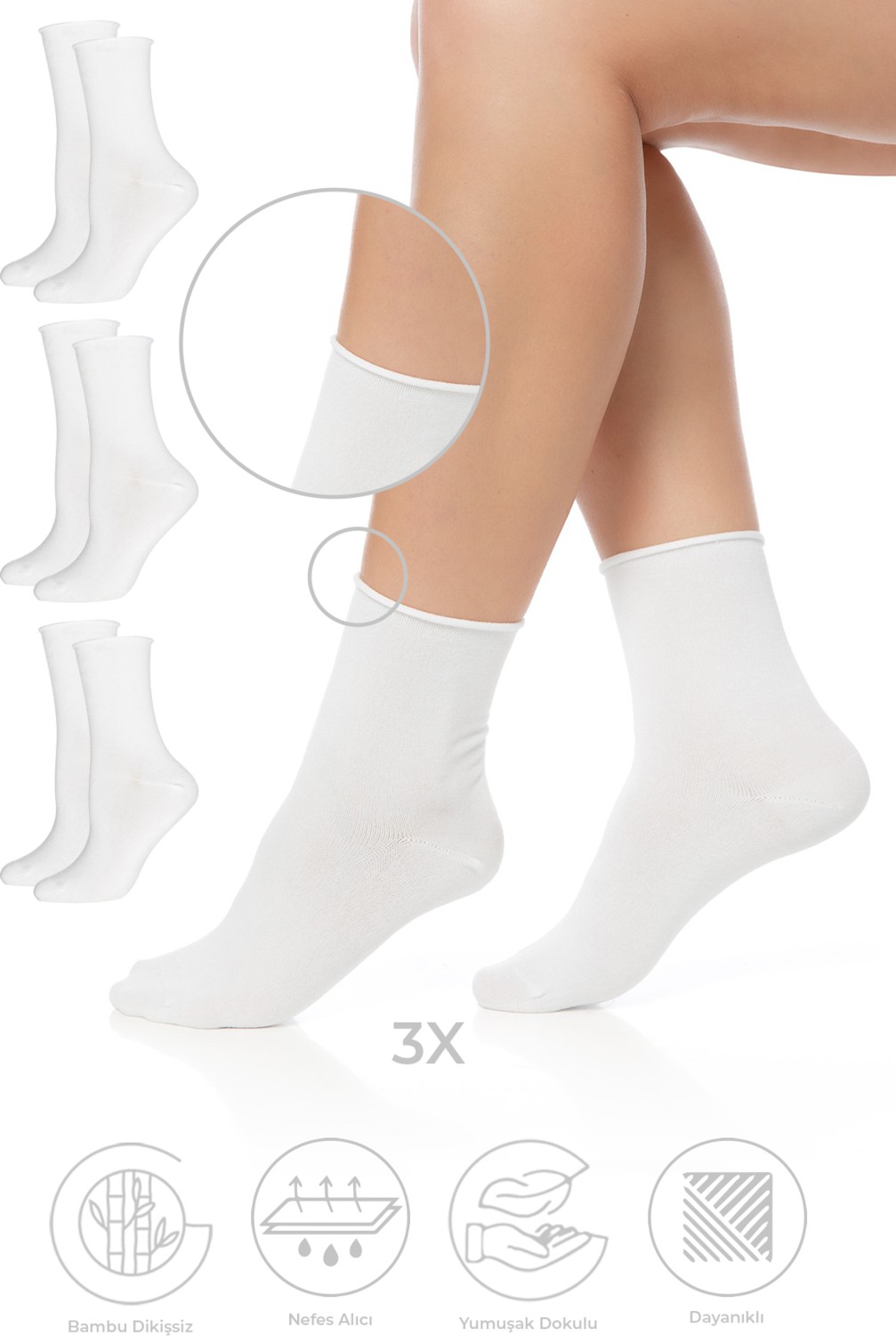 Saysez Bambu Kadın Lastiksiz Beyaz Soket Dikişsiz Premium Çorap 3'lü Paket / Iz Bırakmaz / Sıkmayan Çorap