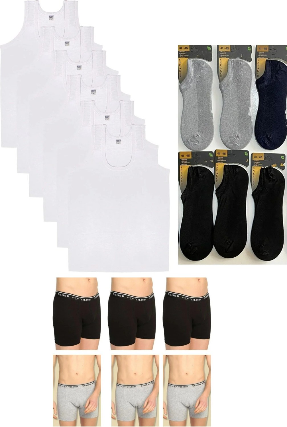 Seher Yıldız 6 Lı Penye Beyaz Erkek Atlet-6 Lı Likra Boxer-6 Lı Bambu Kısa Çorap Takım-Beyaz 12-M