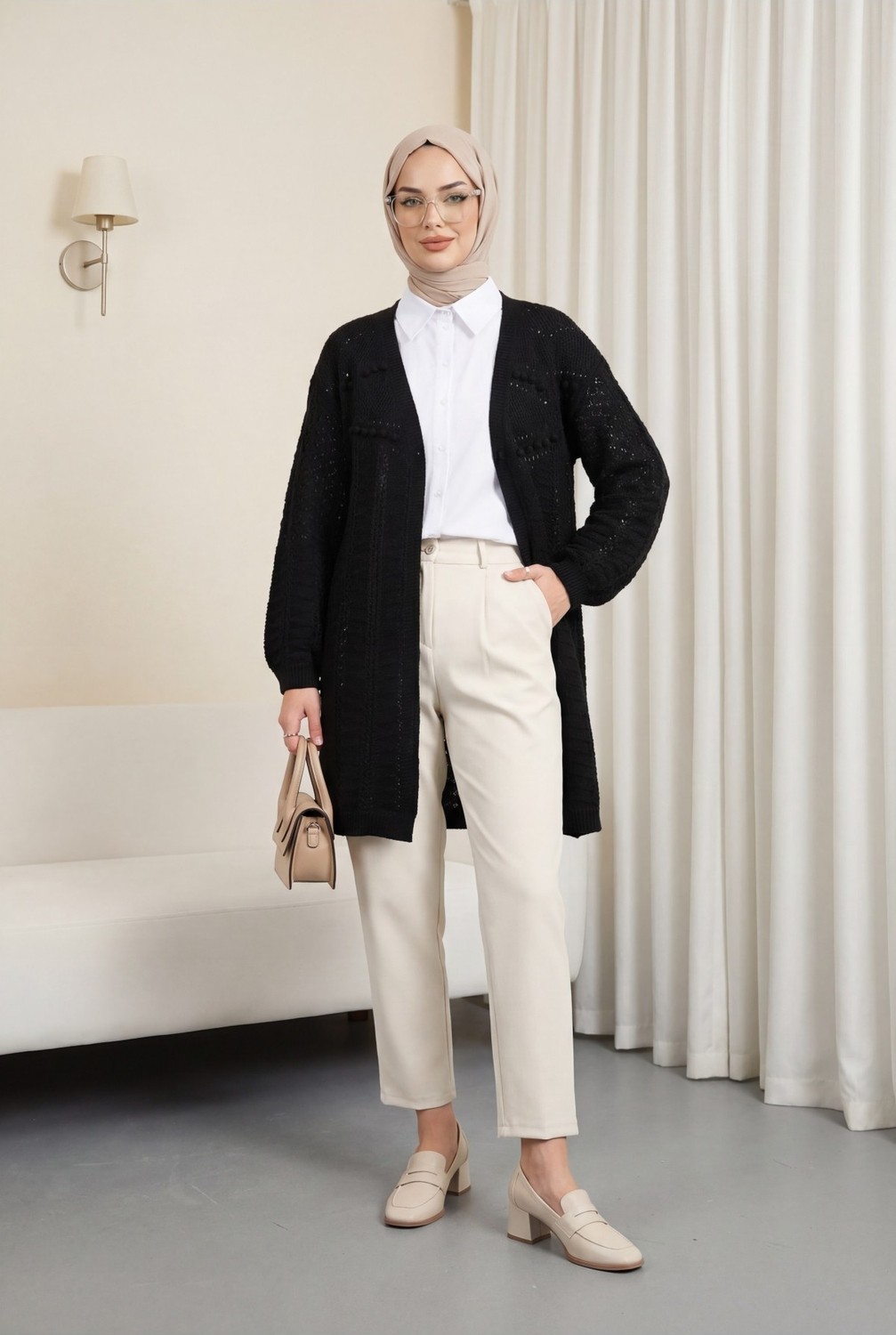 Moda Morfo Ponponlu Karışık Desen Araboy Triko Hırka -Kahve