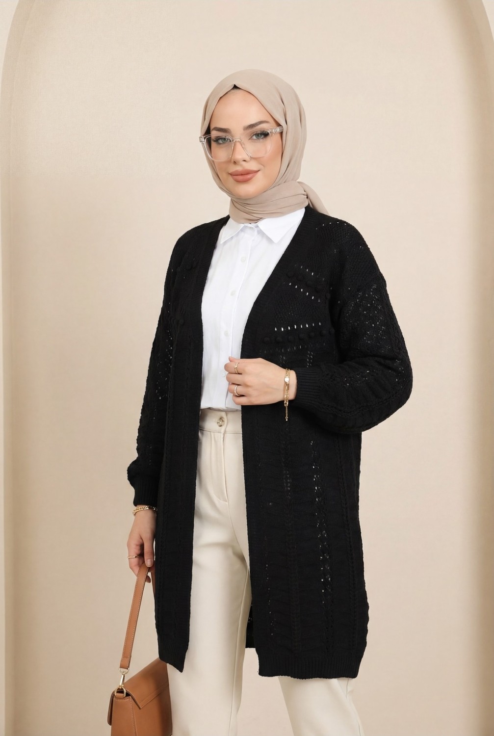 Moda Morfo Ponponlu Karışık Desen Araboy Triko Hırka -Kahve görsel 3