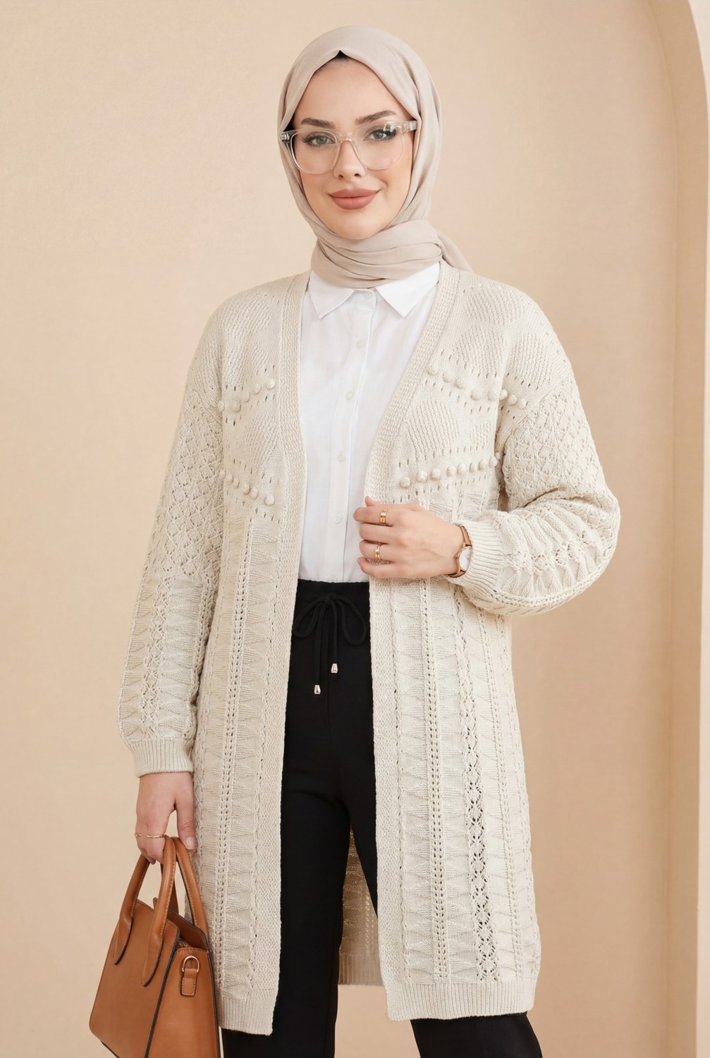 Moda Morfo Ponponlu Karışık Desen Araboy Triko Hırka -Kahve görsel 6