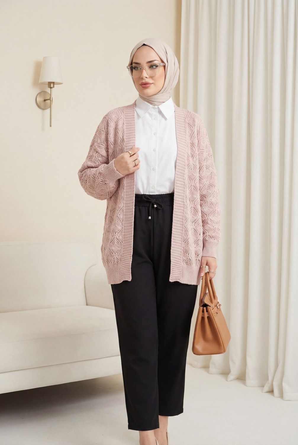 Moda Morfo Desenli Araboy Örme Triko Hırka -Pudra