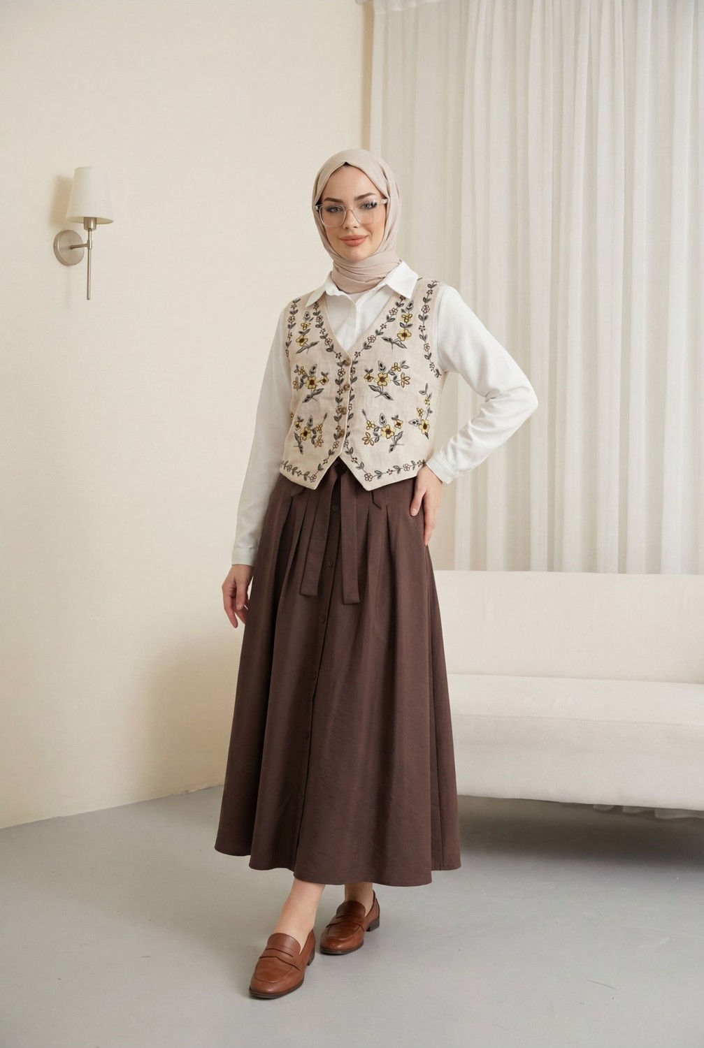 Moda Morfo Çiçek Nakışlı Düğmeli Yelek -Taş görsel 2