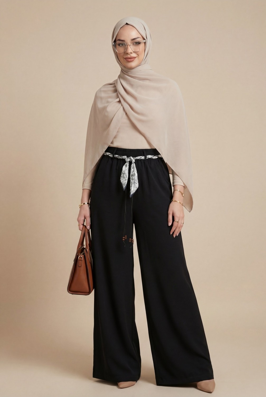 Moda Morfo Bol Paça Beli Lastikli Kemerli Cepli Keten Pantolon -Siyah