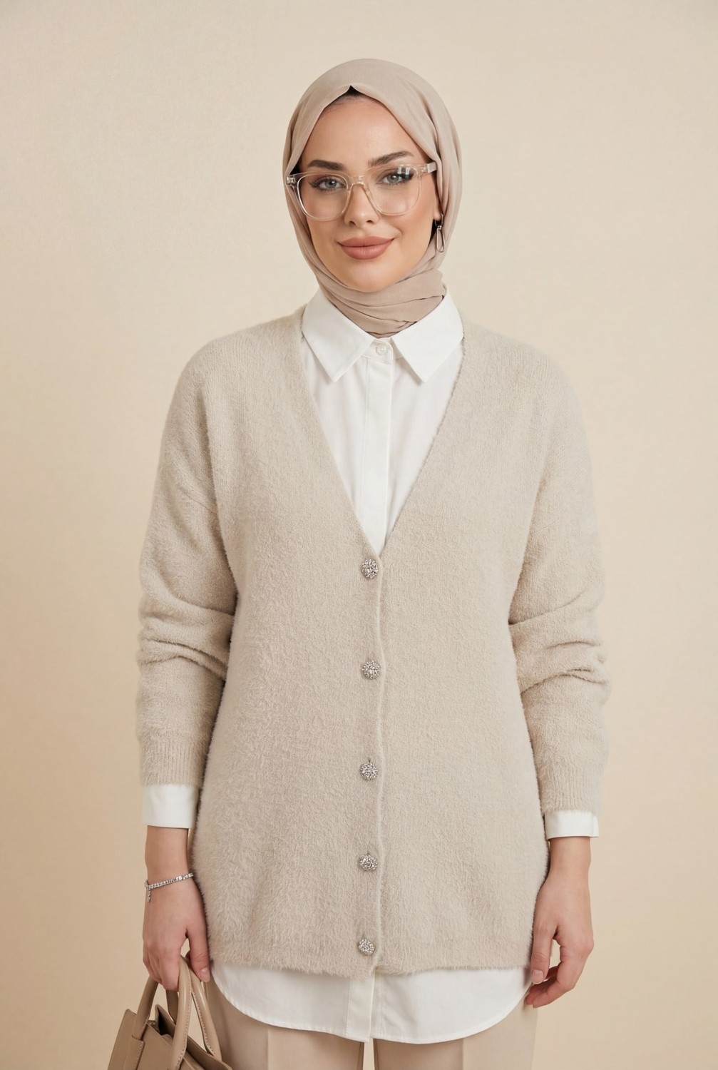 Moda Morfo Önü Düğmeli Sakallı Salaş Triko Hırka -Siyah