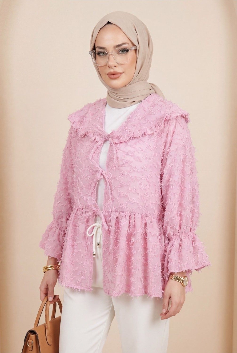 Moda Morfo Önü Bağcıklı Tüylü Dokulu Clip Jakar Kimono -Pembe görsel 3