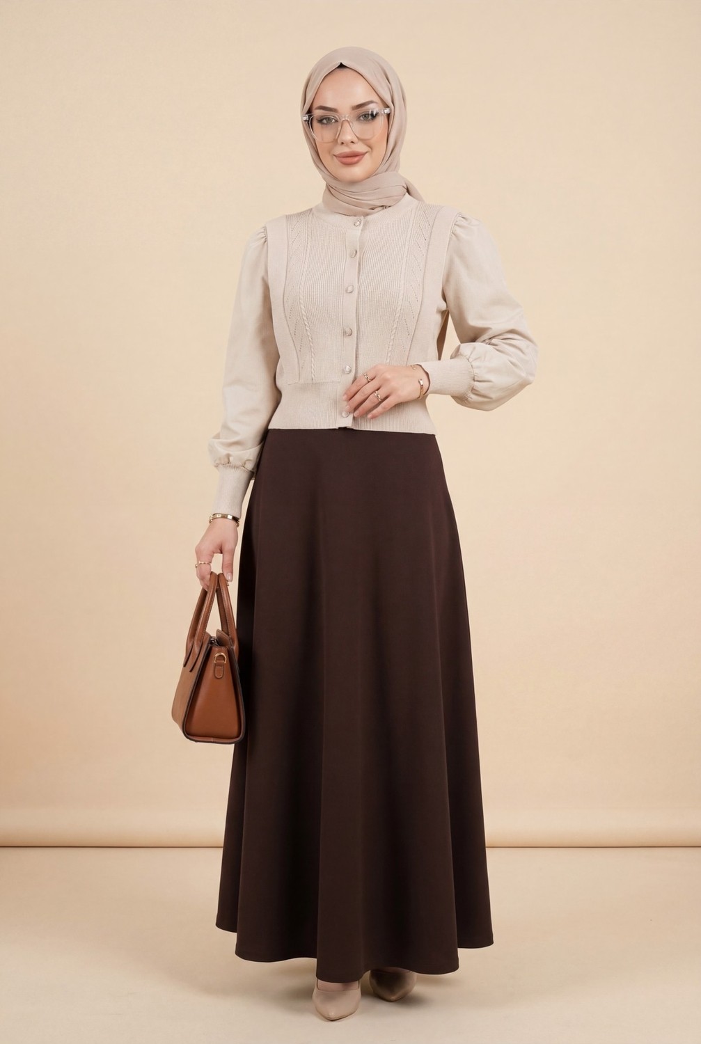 Moda Morfo Poplin Kol Detaylı Düğmeli Triko Hırka -Taş görsel 4