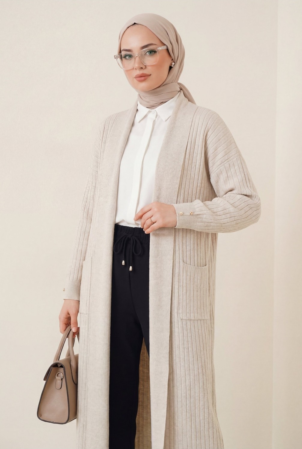 Moda Morfo Kolu Düğme Detaylı Fitilli Uzun Triko Hırka -Siyah