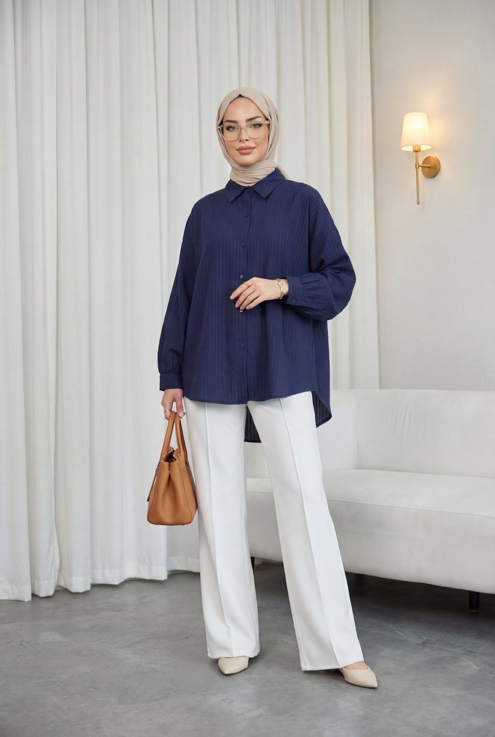Moda Morfo Arkası Uzun Çizgi Desenli Düğmeli Salaş Gömlek -Sarı görsel 8