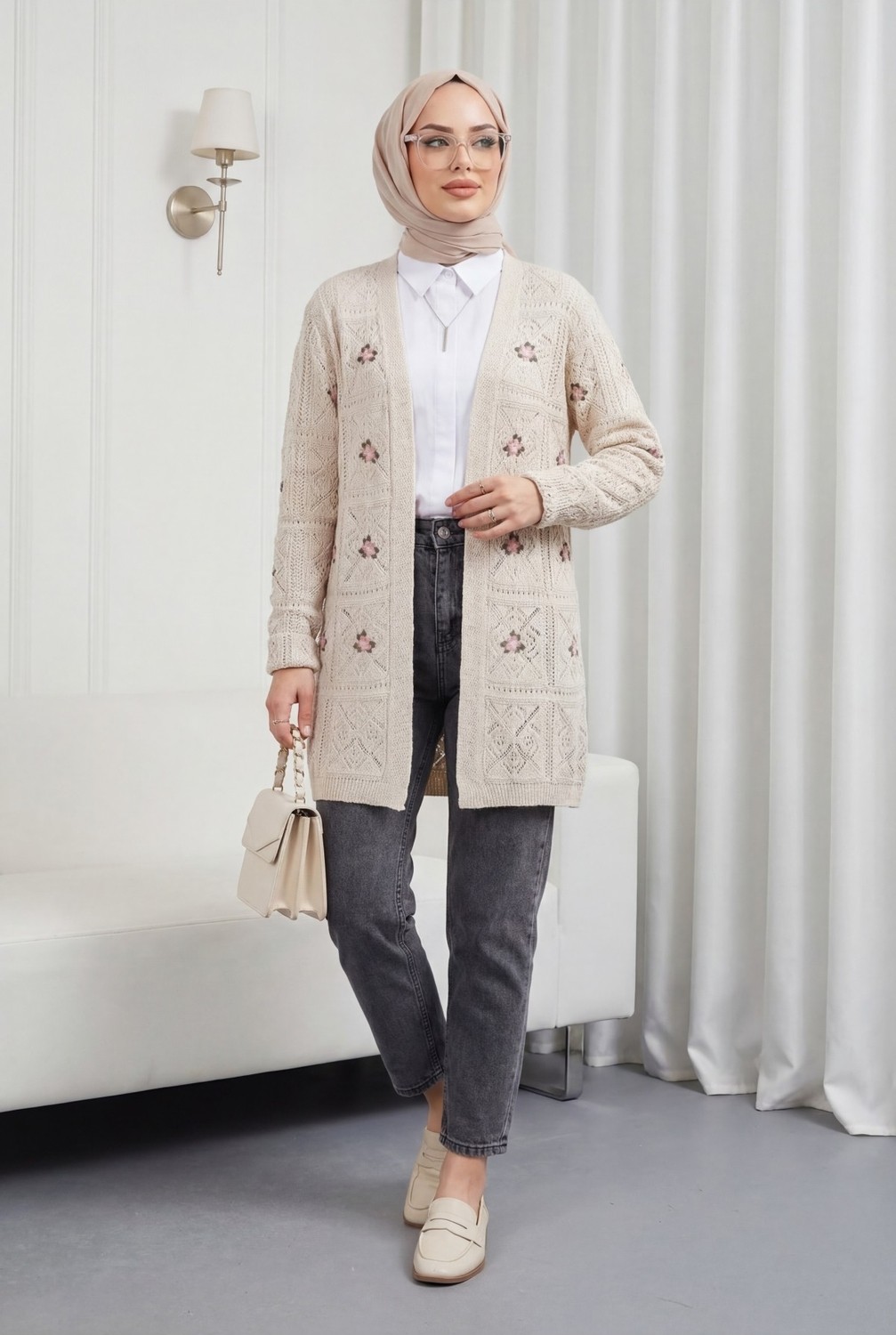 Moda Morfo Ajurlu Nakışlı Hırka -Taş