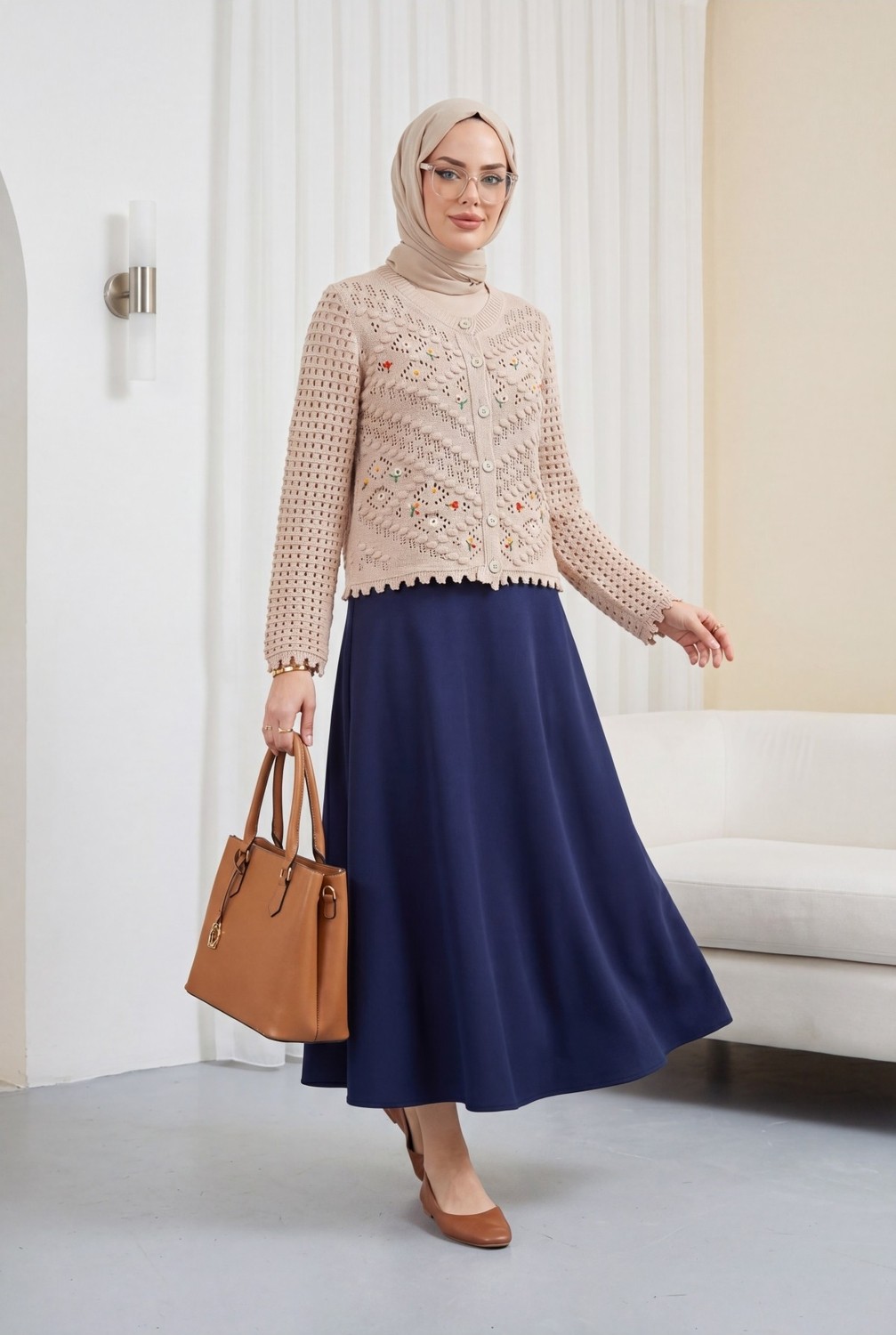 Moda Morfo Çiçek Nakışlı Ponponlu Ajurlu Triko Hırka -Pembe
