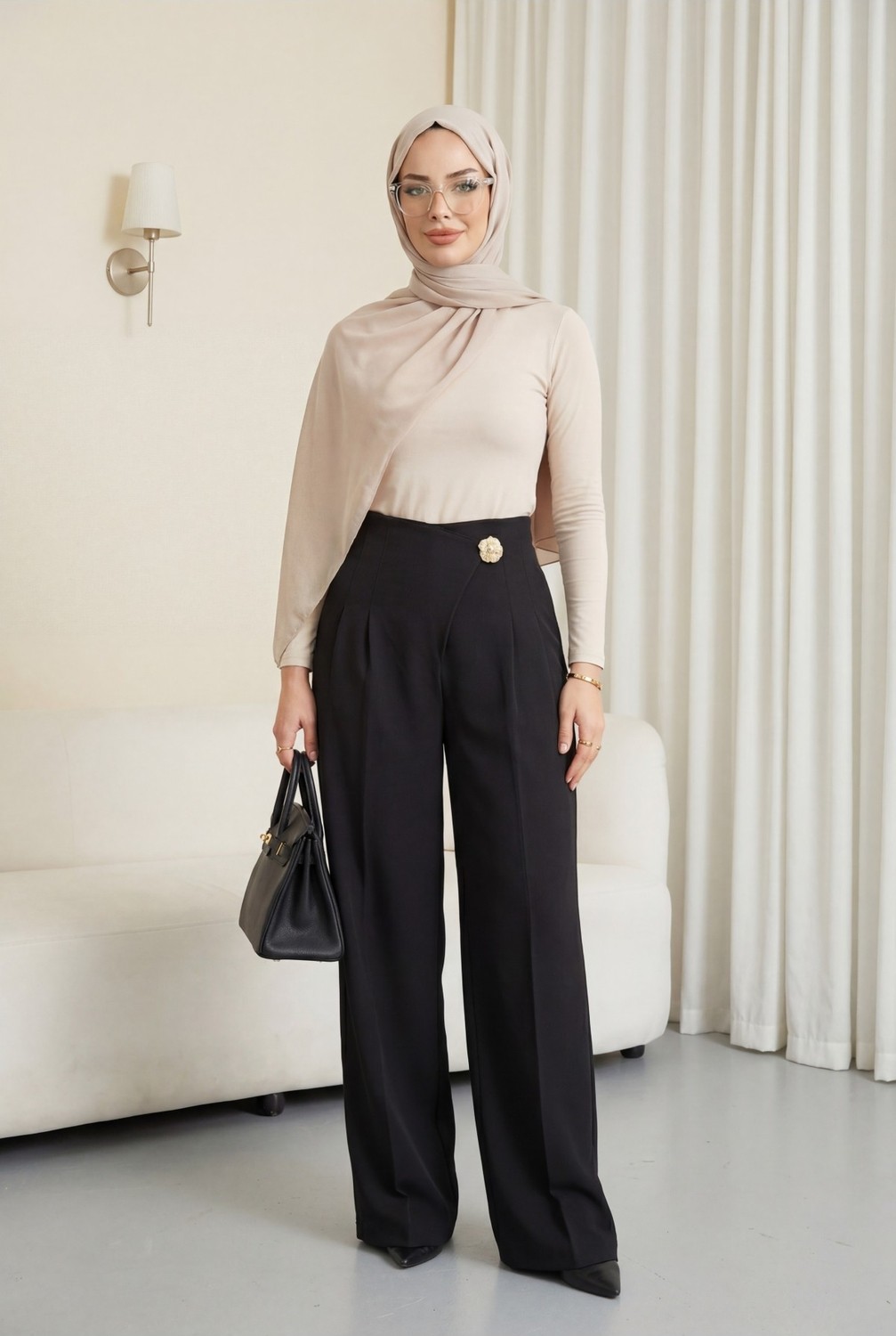 Moda Morfo Yandan Fermuarlı Broşlu Katlama Detaylı Bol Paça Krep Pantolon -K. Kahve görsel 8