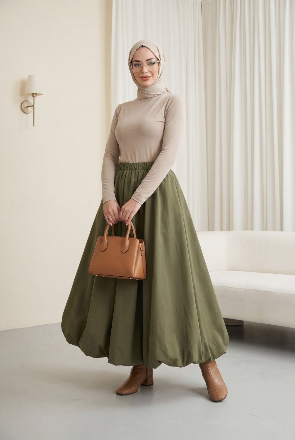 Moda Morfo Beli Lastikli Astarlı Poplin Balon Etek -Haki
