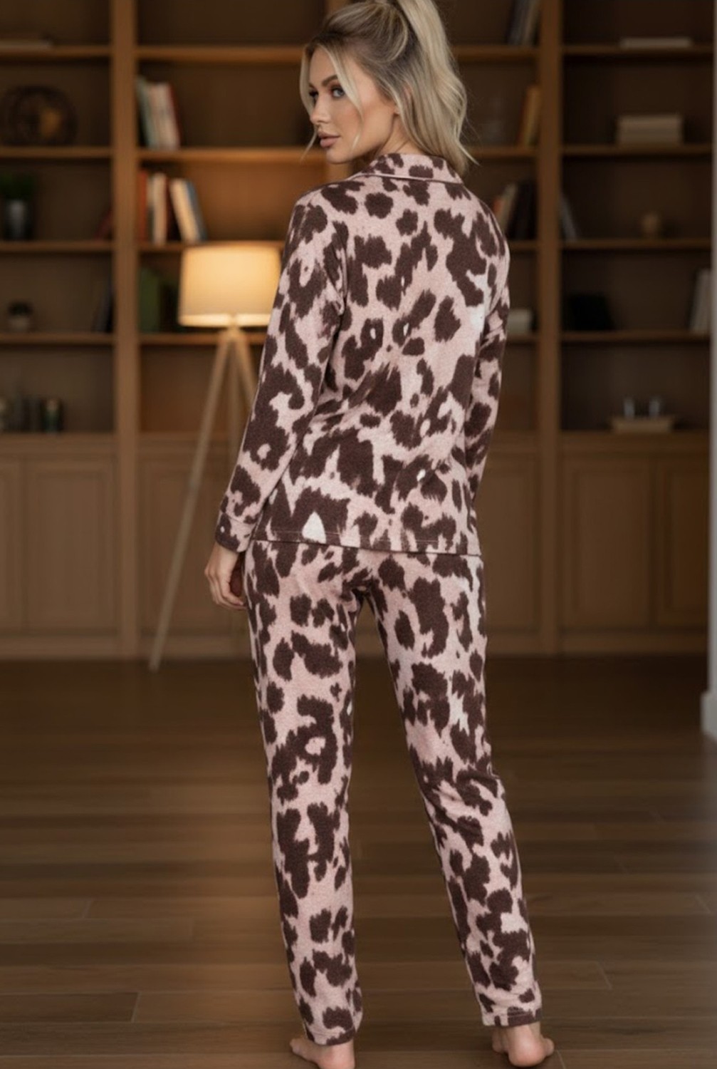 Siyah İnci Mavi Kalp Desenli Örme Düğmeli Pamuklu Pijama Takım 7976 görsel 3