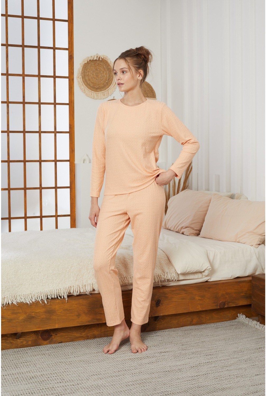 Siyah İnci Pudra Şardonlu Kışlık Örme Pijama TAKIM25226002 görsel 2