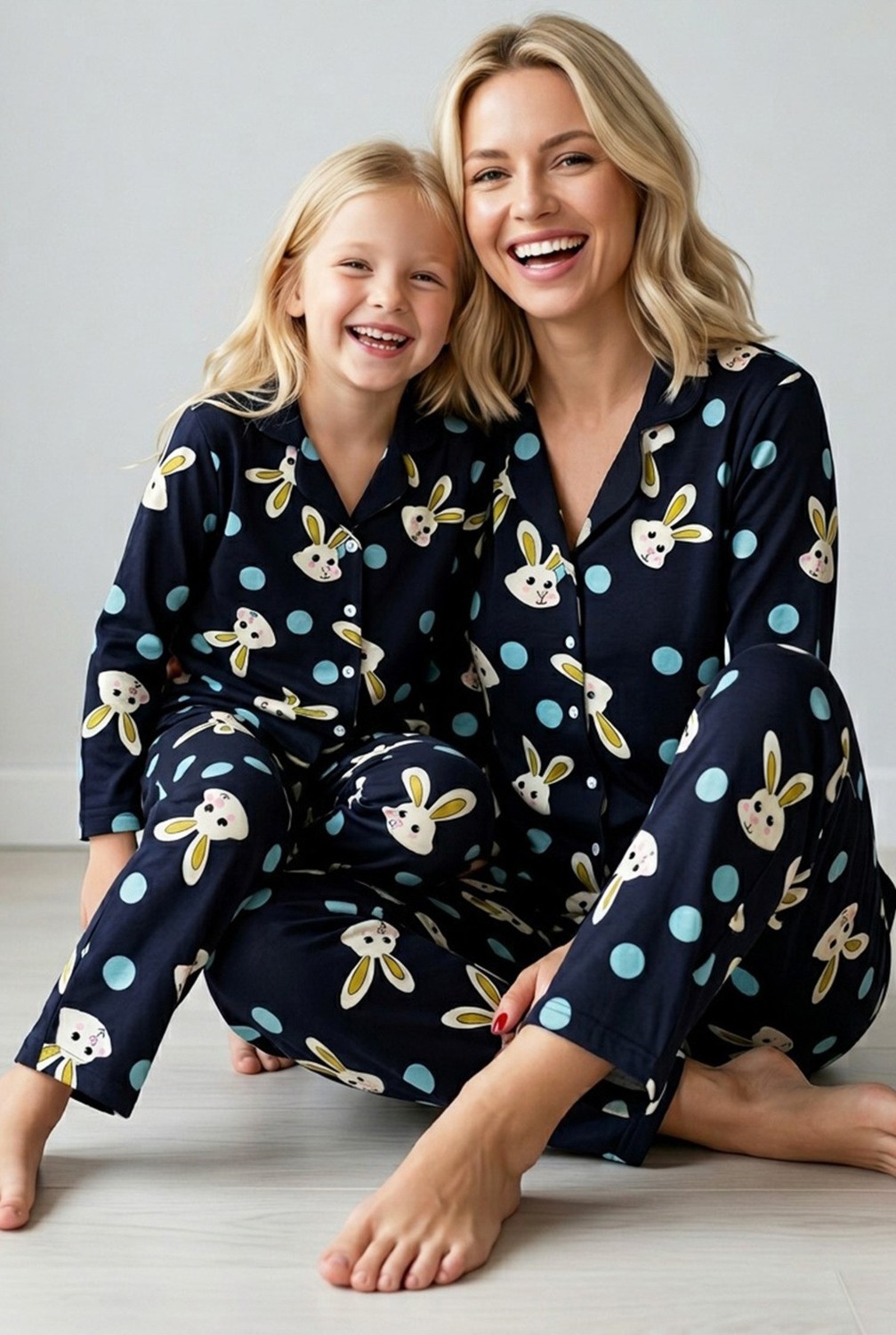Siyah İnci Lacivert Pamuklu Düğmeli Pijama Takım Kadın için %95 Pamuklu Modern Tasarım