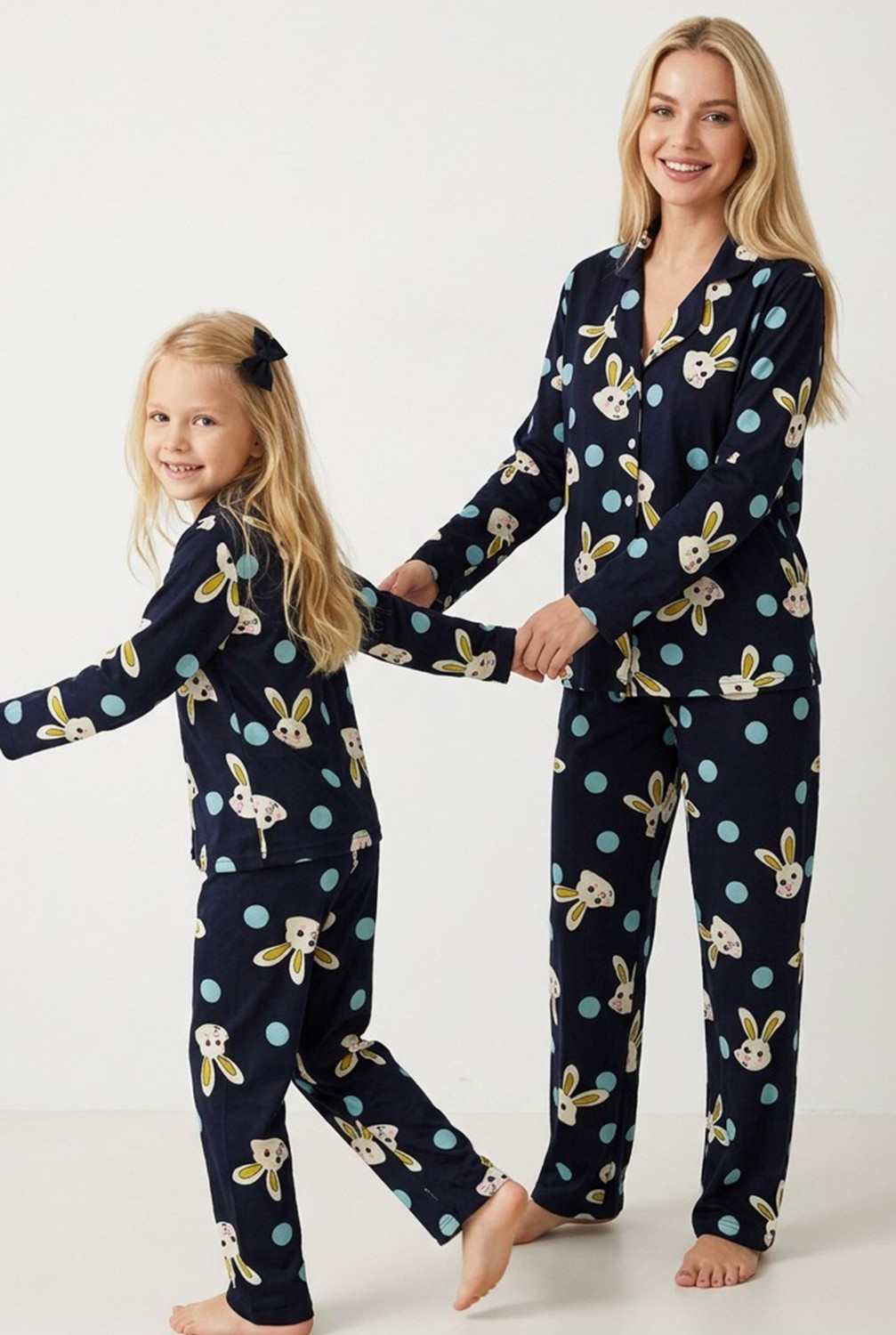 Siyah İnci Lacivert Pamuklu Düğmeli Pijama Takım Kadın için %95 Pamuklu Modern Tasarım görsel 2