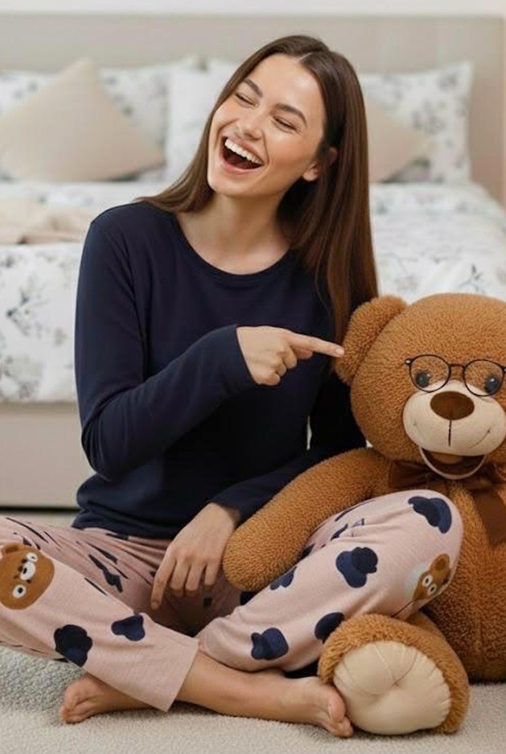 Siyah İnci Somon Kahve Ayıcık Desenli Pamuklu Örme Pijama Takım 7974