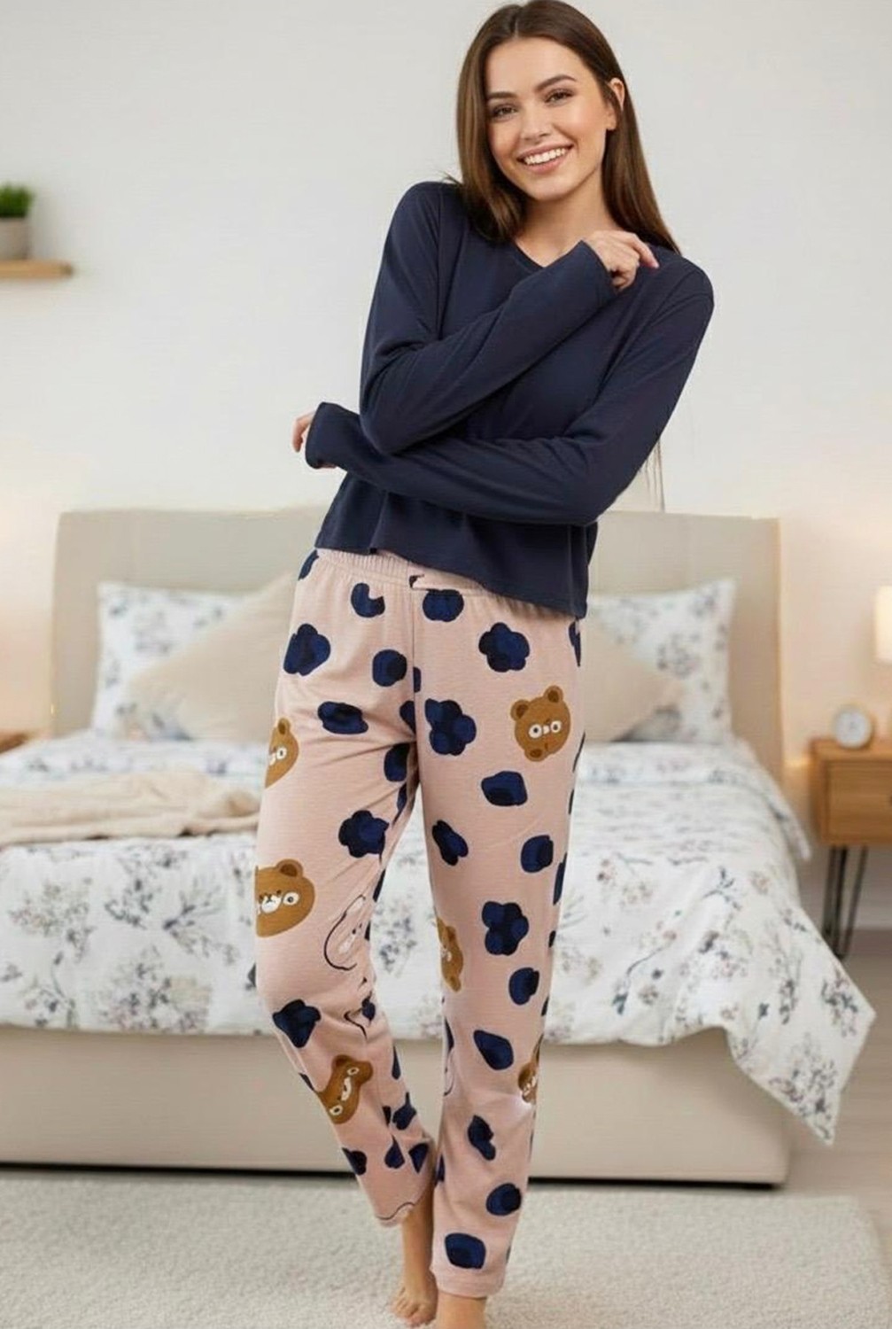 Siyah İnci Somon Kahve Ayıcık Desenli Pamuklu Örme Pijama Takım 7974 görsel 2