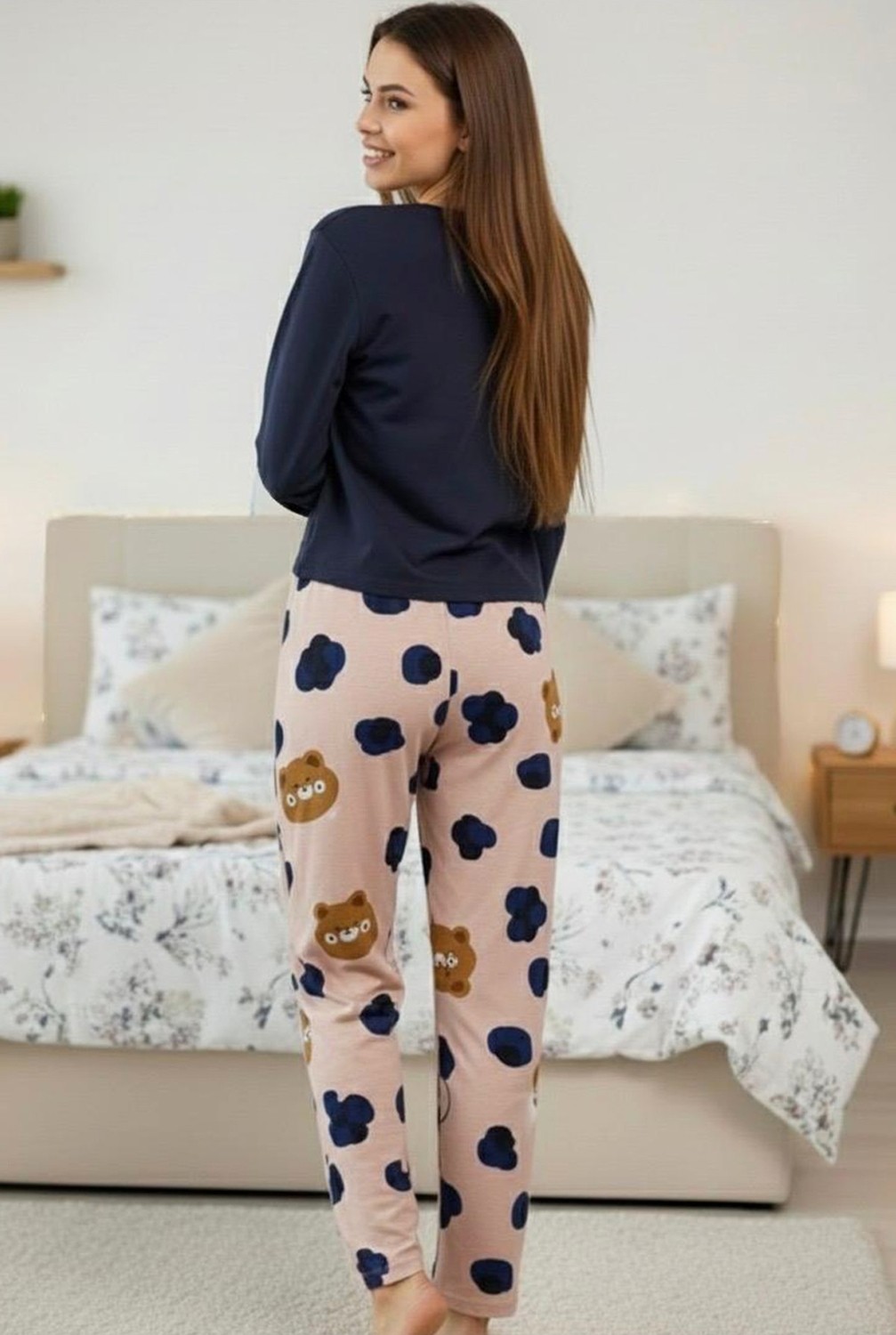Siyah İnci Somon Kahve Ayıcık Desenli Pamuklu Örme Pijama Takım 7974 görsel 3