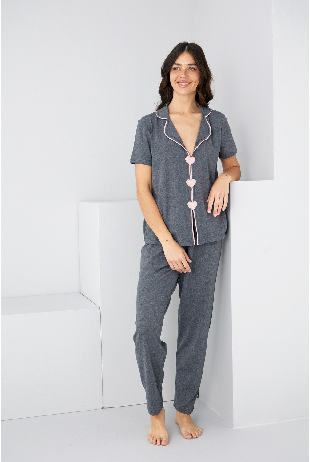 Siyah İnci Ekru Kalpli Biye Detaylı Örme Pijama TAKIM7891 görsel 5
