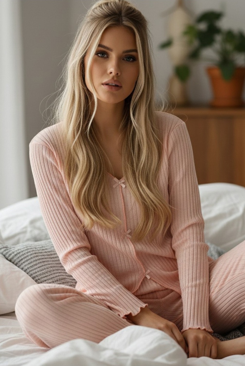 Siyah İnci Somon Fiyonklu Fitilli Kaşkorse Uzun Kollu Pijama Takım 7937 görsel 4