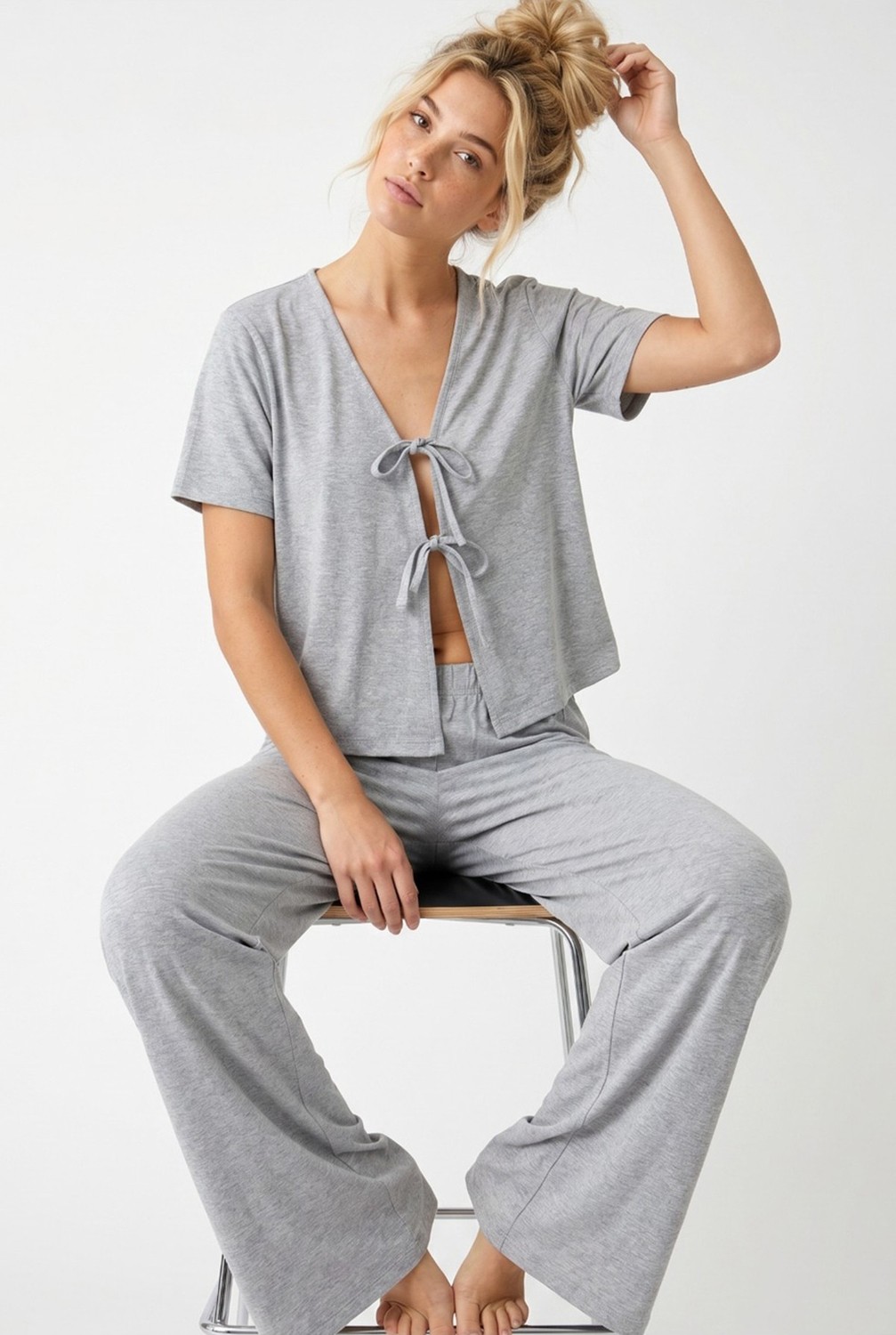Siyah İnci Bordo Bağlamalı Örme Pijama TAKIM7889 görsel 4