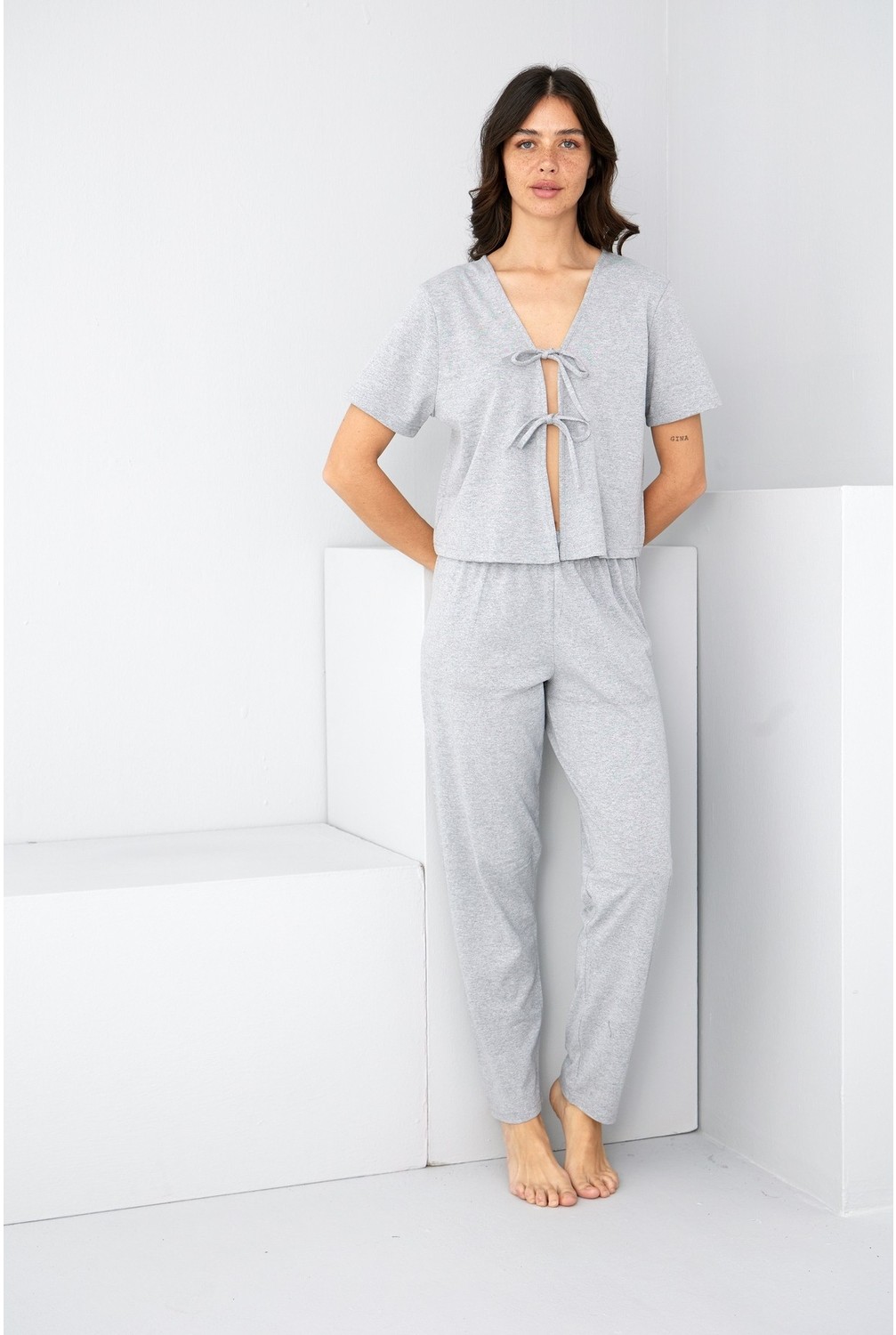 Siyah İnci Bordo Bağlamalı Örme Pijama TAKIM7889 görsel 5