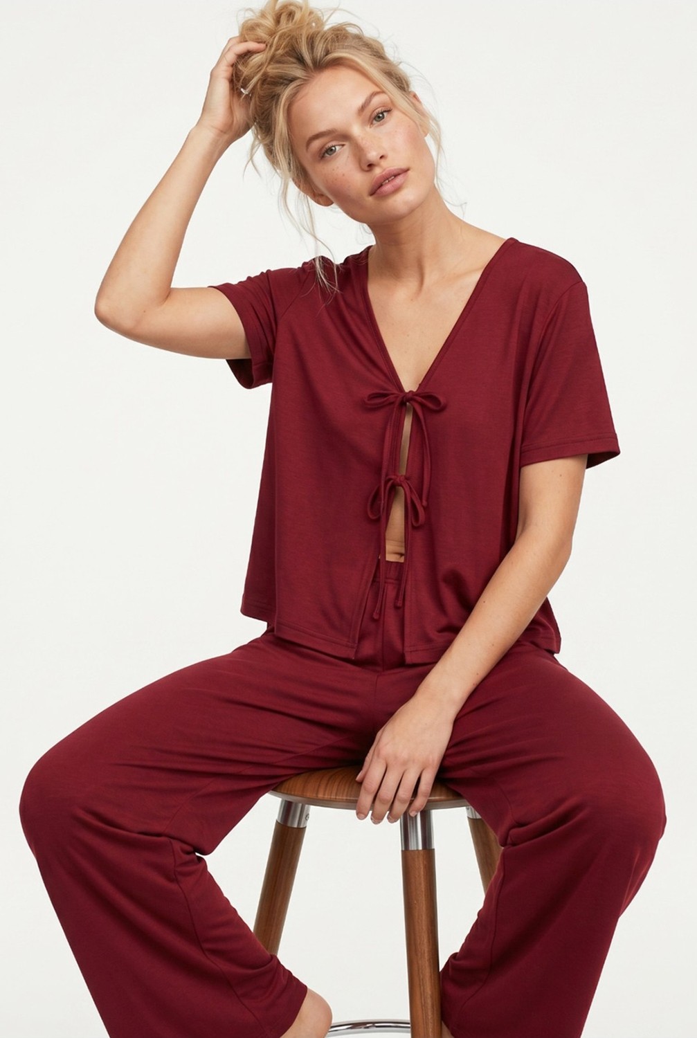 Siyah İnci Bordo Bağlamalı Örme Pijama TAKIM7889 görsel 7