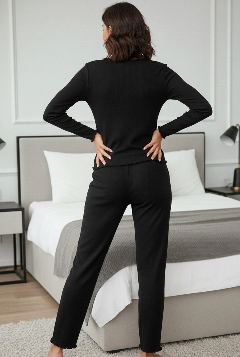 Siyah İnci Siyah V Yaka Fırçalı Soft Fitilli Kaşkorse Pijama Takım 7966 görsel 4