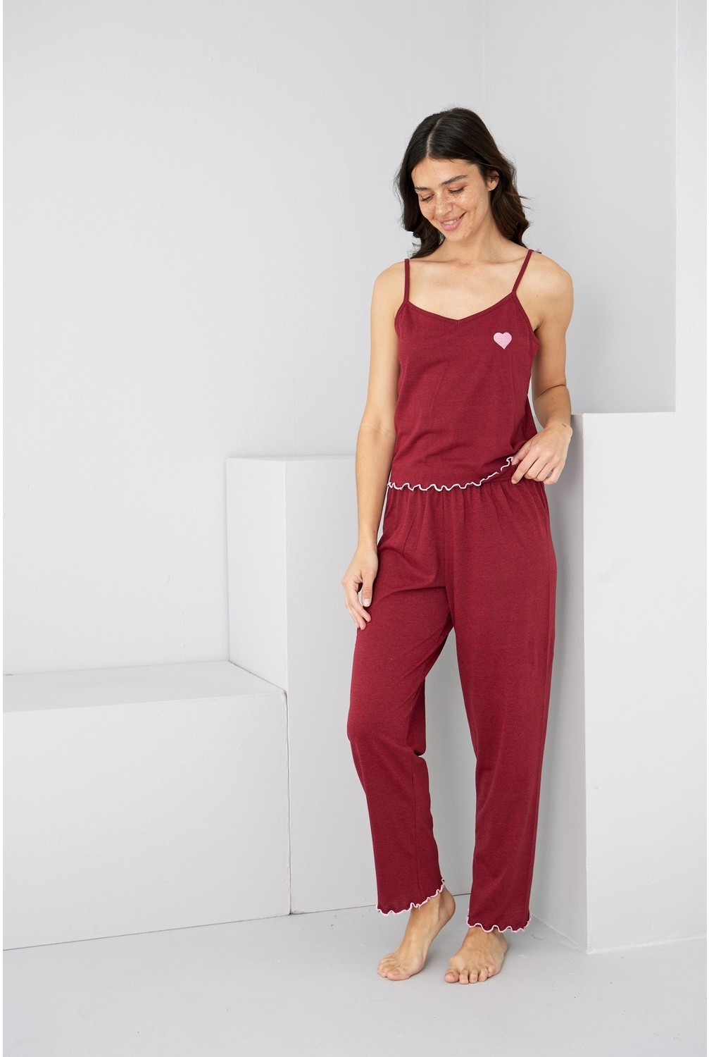 Siyah İnci Kırmızı Kalp Nakışlı Ip Askılı Örme Pijama TAKIM7883 görsel 8