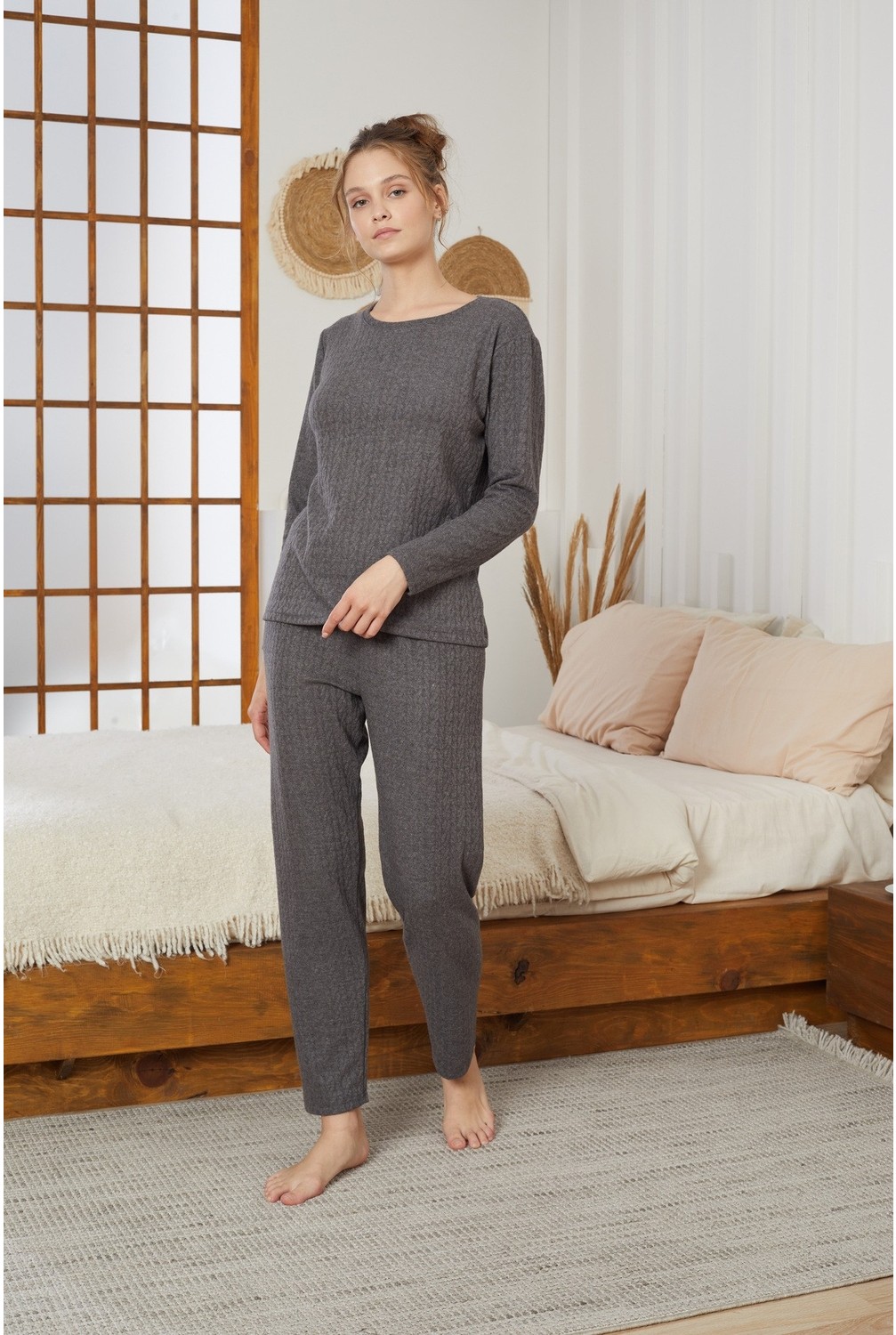 Siyah İnci Pudra Şardonlu Kışlık Örme Pijama TAKIM25226002 görsel 5