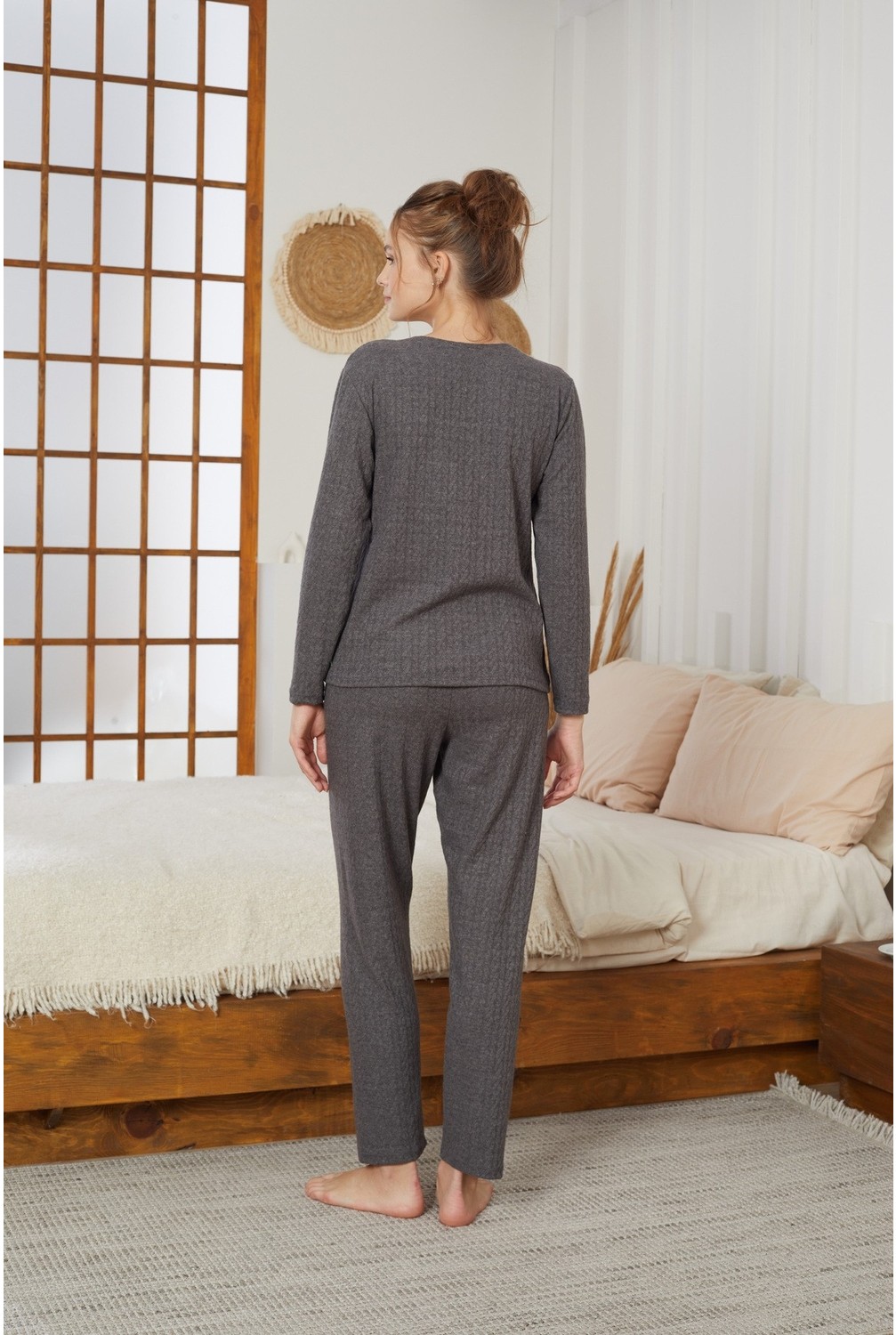 Siyah İnci Pudra Şardonlu Kışlık Örme Pijama TAKIM25226002 görsel 6