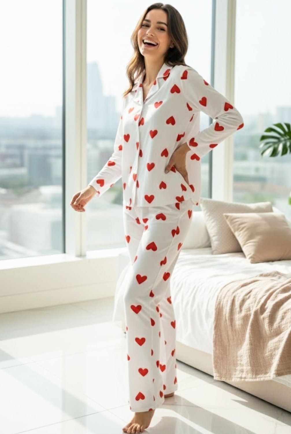 Siyah İnci Beyaz Kırmızı Kalp Desenli Örme Düğmeli Pamuklu Pijama Takım görsel 2