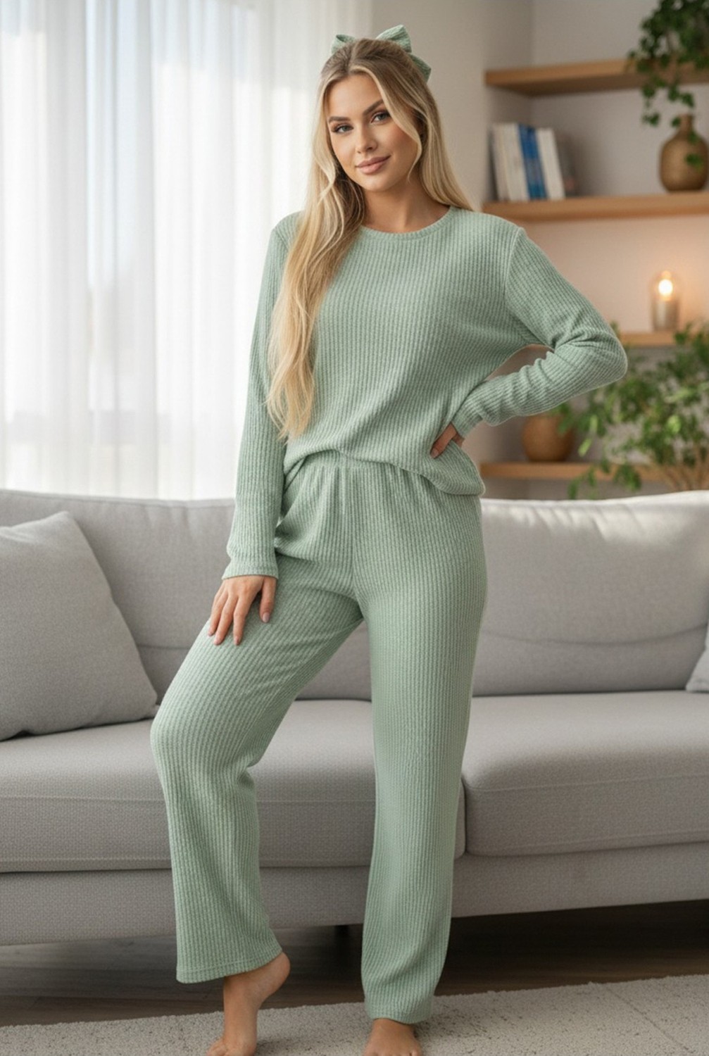 Siyah İnci Yeşil Bisiklet Yaka Yumuşak Kışlık Waffle Örme Pijama Takım görsel 5