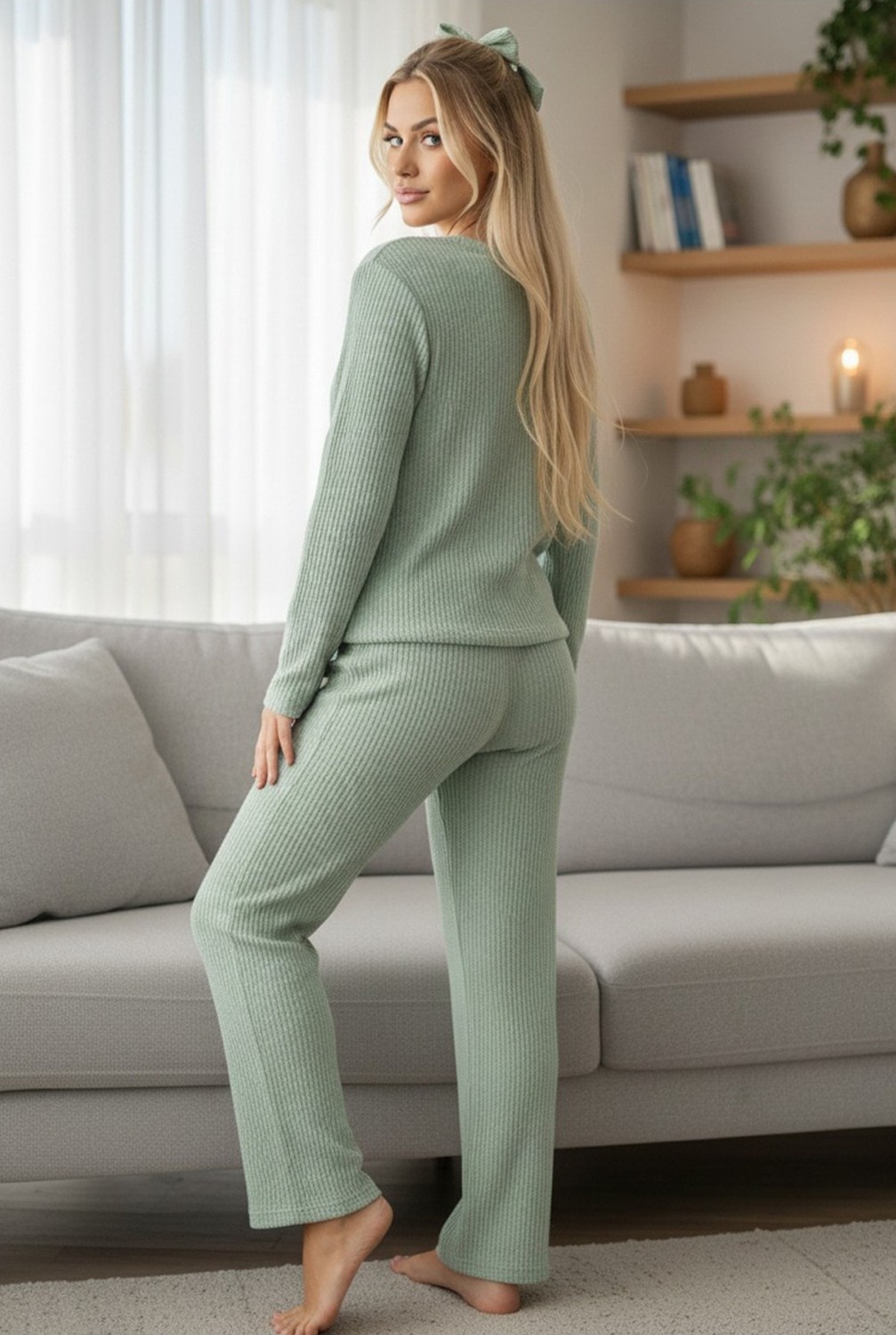 Siyah İnci Yeşil Bisiklet Yaka Yumuşak Kışlık Waffle Örme Pijama Takım görsel 6